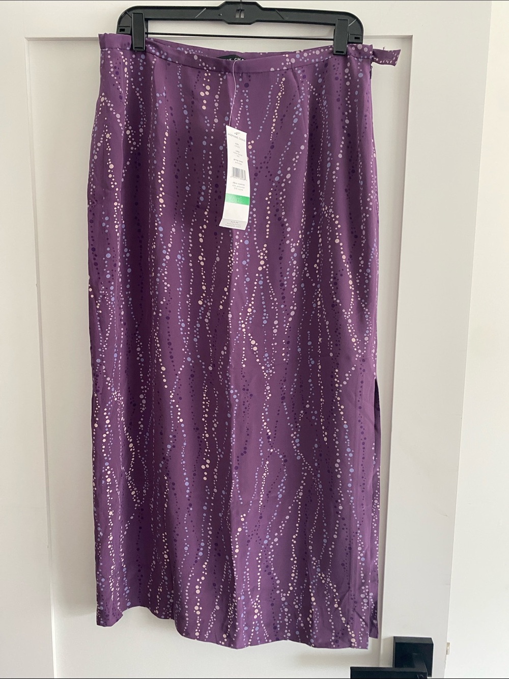 Josephine Chaus Purple Satin Midi Skirt with Metallic Dot Pattern. 100% Silk.